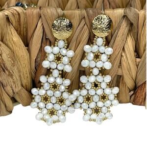 Floral Beaded Chandelier Earrings Gold Tone and White
